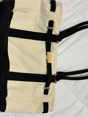 Canvas Black & Cream Striped Tote with silver Accent